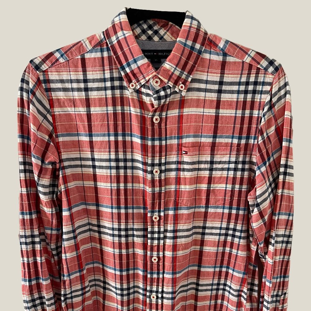SALE XS TOMMY HILFIGER CUSTOM FIT ORANGE PLAID WOVEN SHIRT